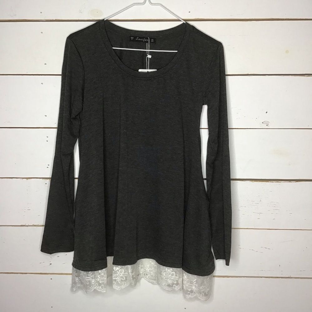 New Sanifer Blouse Long Top Lace Trim Sleeve Gray
